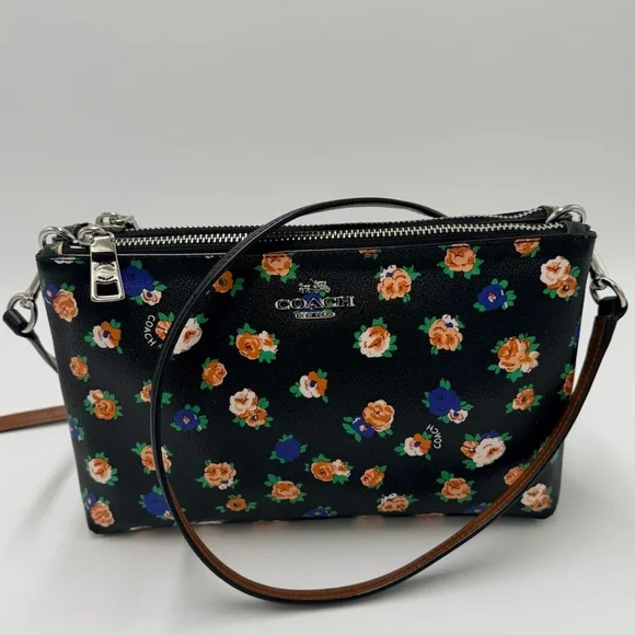 Coach F57628 Floral Double Zip Crossbody Bag Black Multicolor Floral - Picture 2 of 9